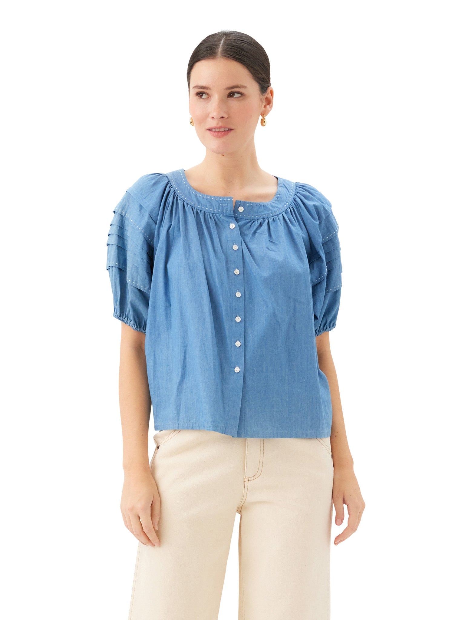 Shay Contrast Stitch Peasant Top