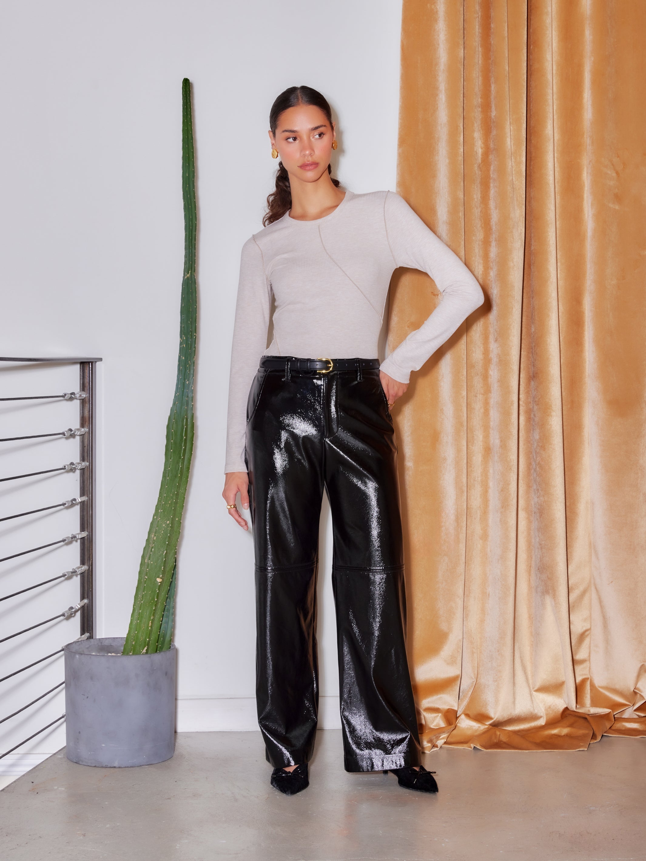 Lara Faux Patent Leather Wide-Leg Pants