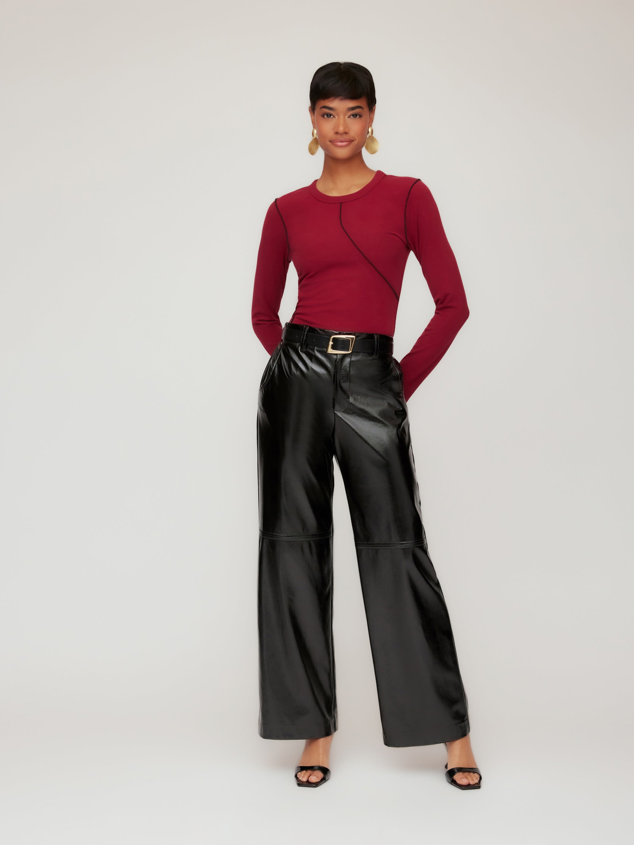 Lara Faux Patent Leather Wide-Leg Pants